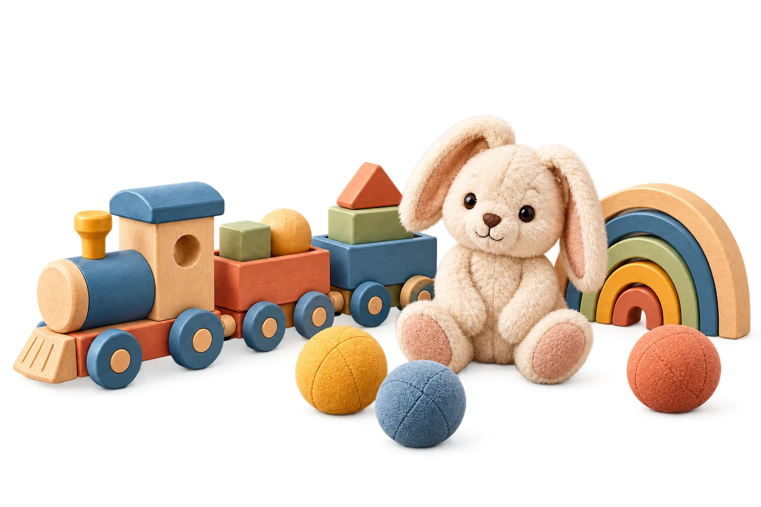 Деревянный игрушечный поезд, мягкий зайчик, радуга и мячи